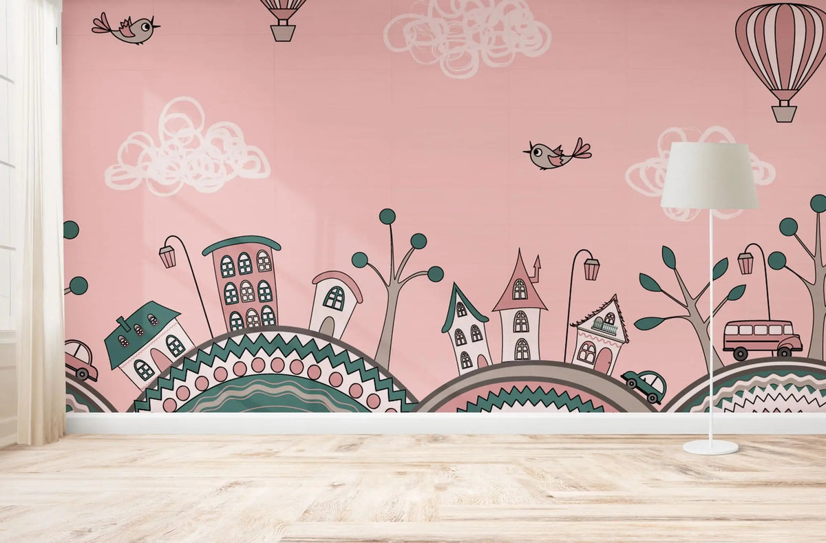 Tapet personalizat micii exploratori pentru copii cu baloane cu aer cald deasupra orasului roz pink city