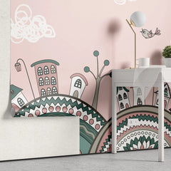 Tapet personalizat micii exploratori pentru copii cu baloane cu aer cald deasupra orasului roz pink city