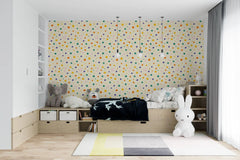 Tapet personalizat inspiratie scandinava pentru copii cu buline multicolore pe fundal galben dots