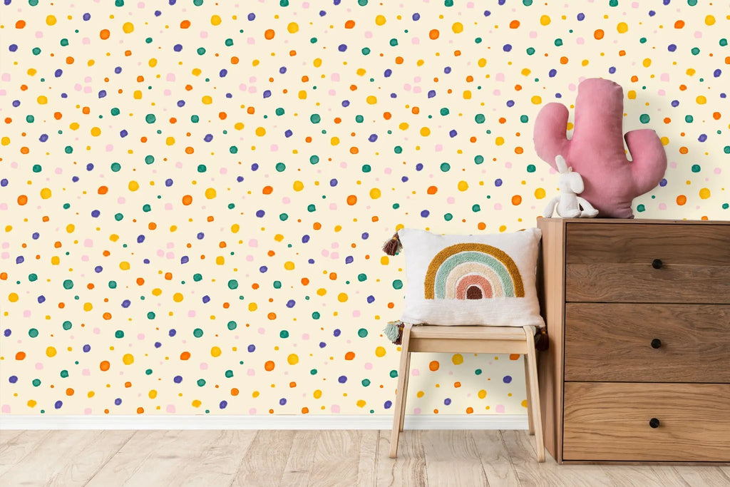 Tapet personalizat inspiratie scandinava pentru copii cu buline multicolore pe fundal galben dots