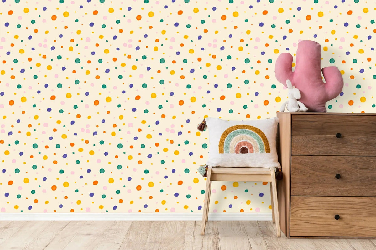 Tapet personalizat inspiratie scandinava pentru copii cu buline multicolore pe fundal galben dots