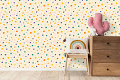Tapet personalizat inspiratie scandinava pentru copii cu buline multicolore pe fundal galben dots