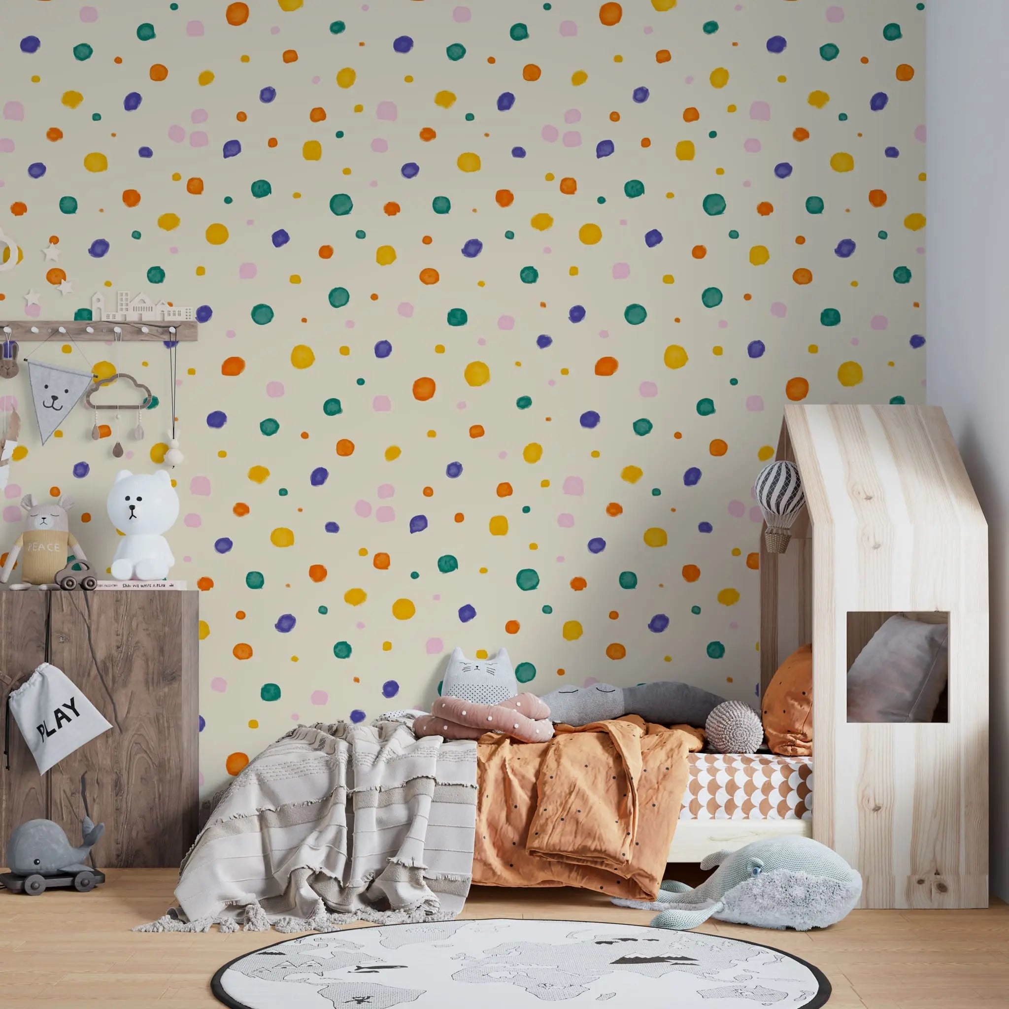 Tapet personalizat inspiratie scandinava pentru copii cu buline multicolore pe fundal galben dots