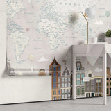 Tapet personalizat micii exploratori pentru copii cu harta lumii si cladiri cu arhitectura tarile de jos netherlands