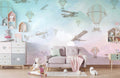 Tapet Personalizat Micii Exploratori cu avioane si baloane cu aer cald pe fundal albastru-roz - PINKY BLUE SKY PLANES