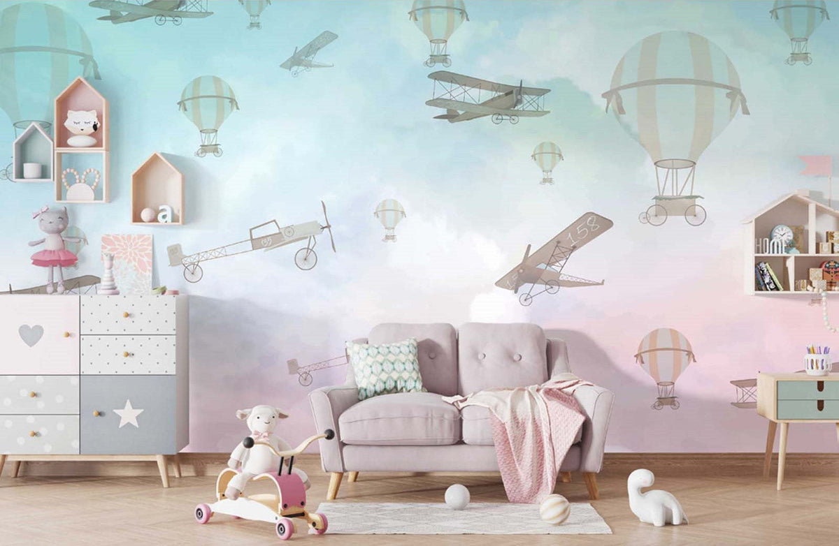 Tapet Personalizat Micii Exploratori cu avioane si baloane cu aer cald pe fundal albastru-roz - PINKY BLUE SKY PLANES
