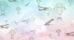 Tapet Personalizat Micii Exploratori cu avioane si baloane cu aer cald pe fundal albastru-roz - PINKY BLUE SKY PLANES