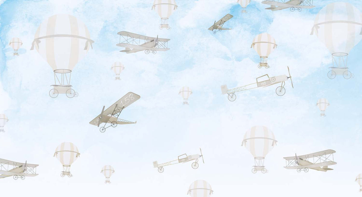 Tapet Personalizat Micii Exploratori cu avioane si baloane cu aer cald pe cerul albastru - CLEAR SKY FLIGHT