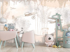 Tapet Personalizat Micii Exploratori cu urs si panda in padure de bambusi cu avioane in nuante de bej - SAND FOREST