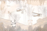 Tapet Personalizat Micii Exploratori cu urs si panda in padure de bambusi cu avioane in nuante de bej - SAND FOREST