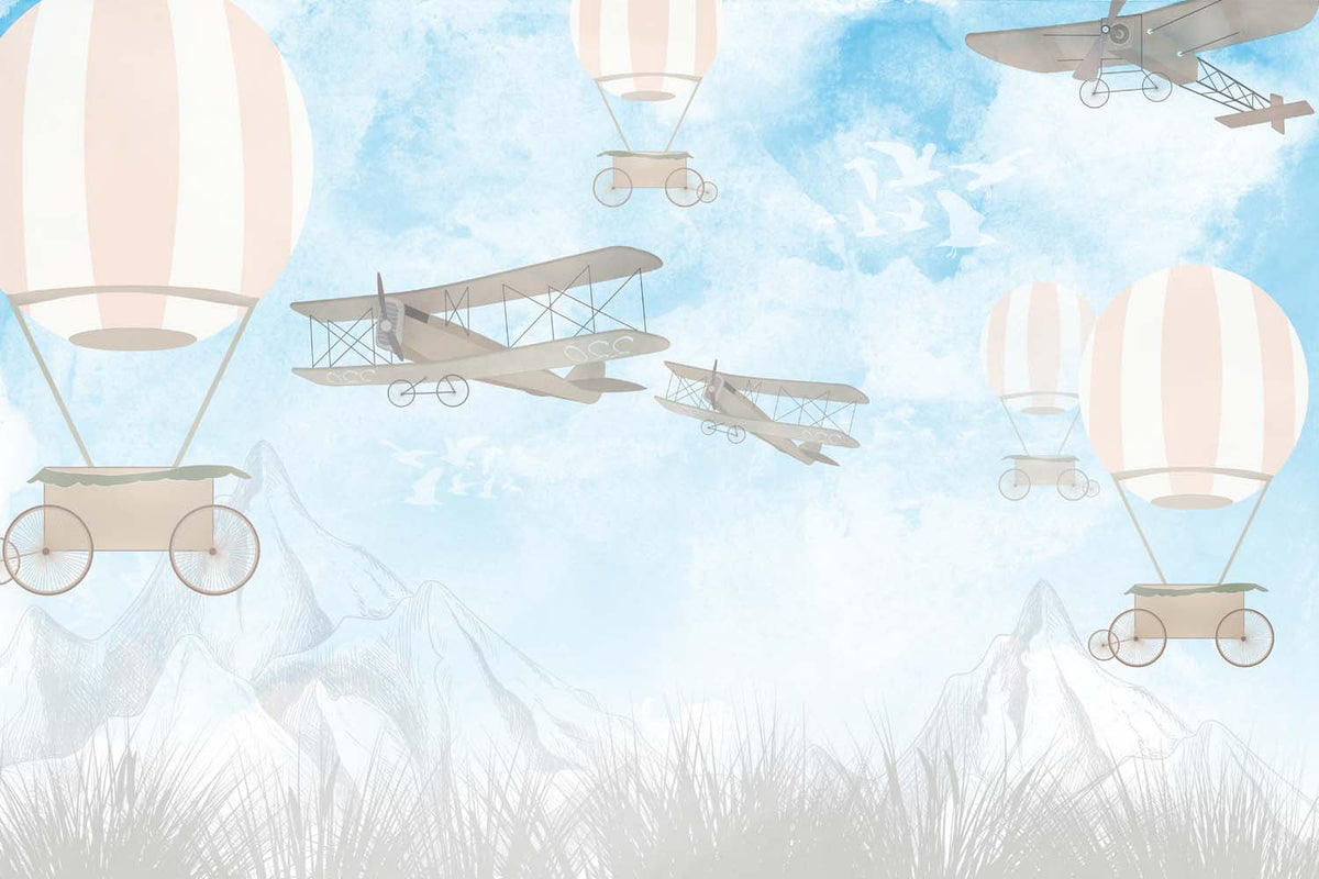 Tapet Personalizat Micii Exploratori cu avioane si baloane zburand peste munti pe cerul albastru - MOUNTAIN PLANE BALLOONS
