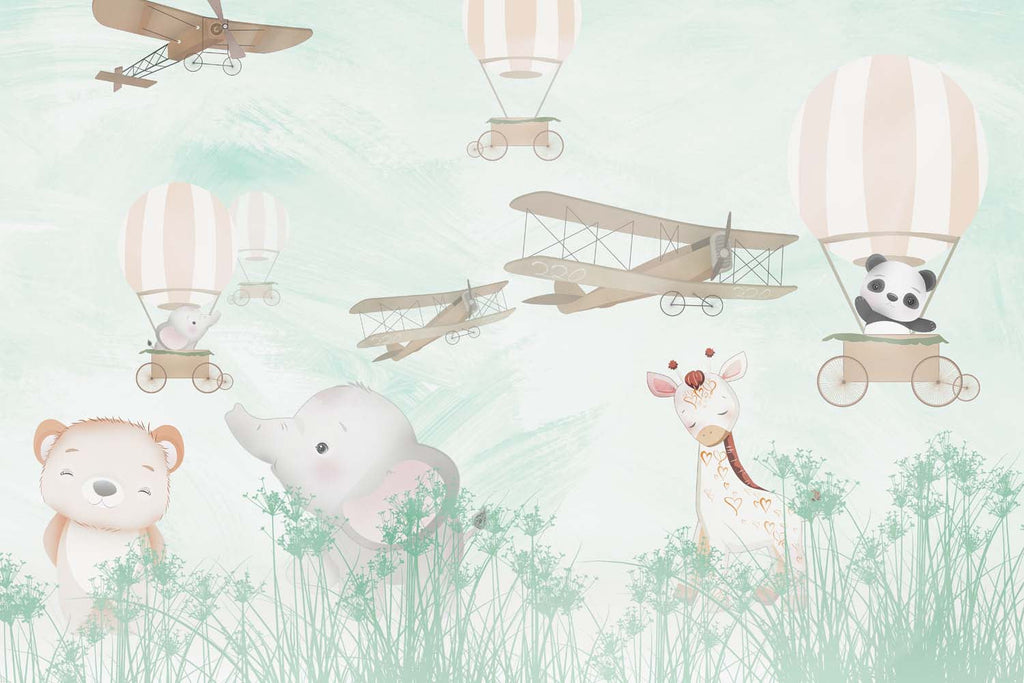 Tapet Personalizat Micii Exploratori cu animale, baloane cu aer cald si avioane prin vegetatie verde menta - MINTY FOREST EXPLORATION