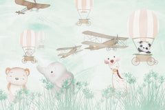 Tapet Personalizat Micii Exploratori cu animale, baloane cu aer cald si avioane prin vegetatie verde menta - MINTY FOREST EXPLORATION