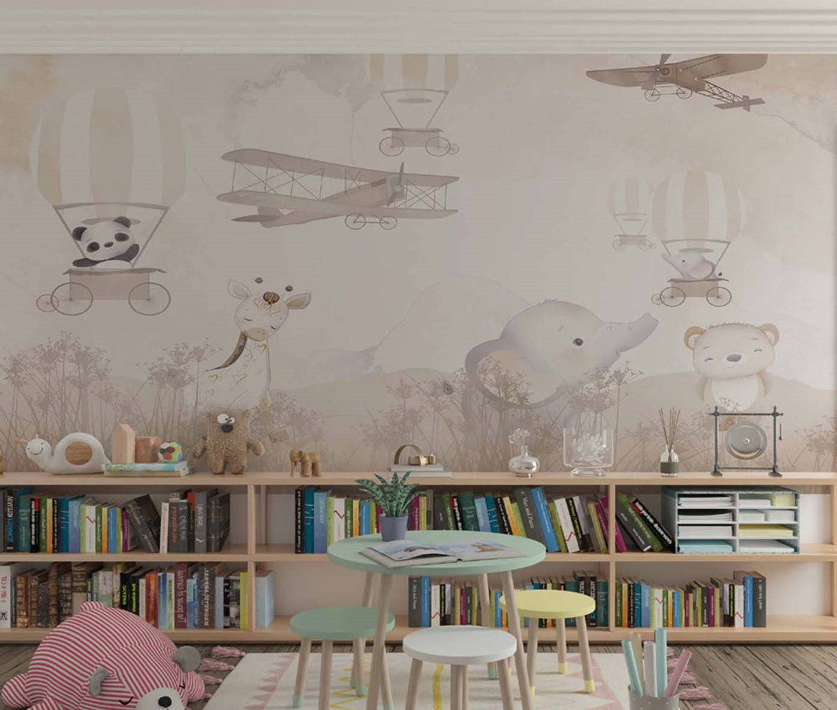 Tapet Personalizat Micii Exploratori cu animale, baloane si avioane prin vegetatia montana in nuante de bej - BEIGE MOUNTAIN EXPLORATION