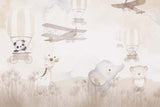 Tapet Personalizat Micii Exploratori cu animale, baloane si avioane prin vegetatia montana in nuante de bej - BEIGE MOUNTAIN EXPLORATION