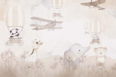 Tapet Personalizat Micii Exploratori cu animale, baloane si avioane prin vegetatia montana in nuante de bej - BEIGE MOUNTAIN EXPLORATION