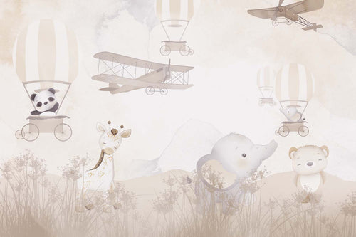 Tapet Personalizat Micii Exploratori cu animale, baloane si avioane prin vegetatia montana in nuante de bej - BEIGE MOUNTAIN EXPLORATION
