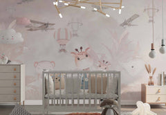 Tapet Personalizat Micii Exploratori cu animale, baloane cu aer cald si avioane prin vegetatia in nuante de roz - INTO THE PINK WILD