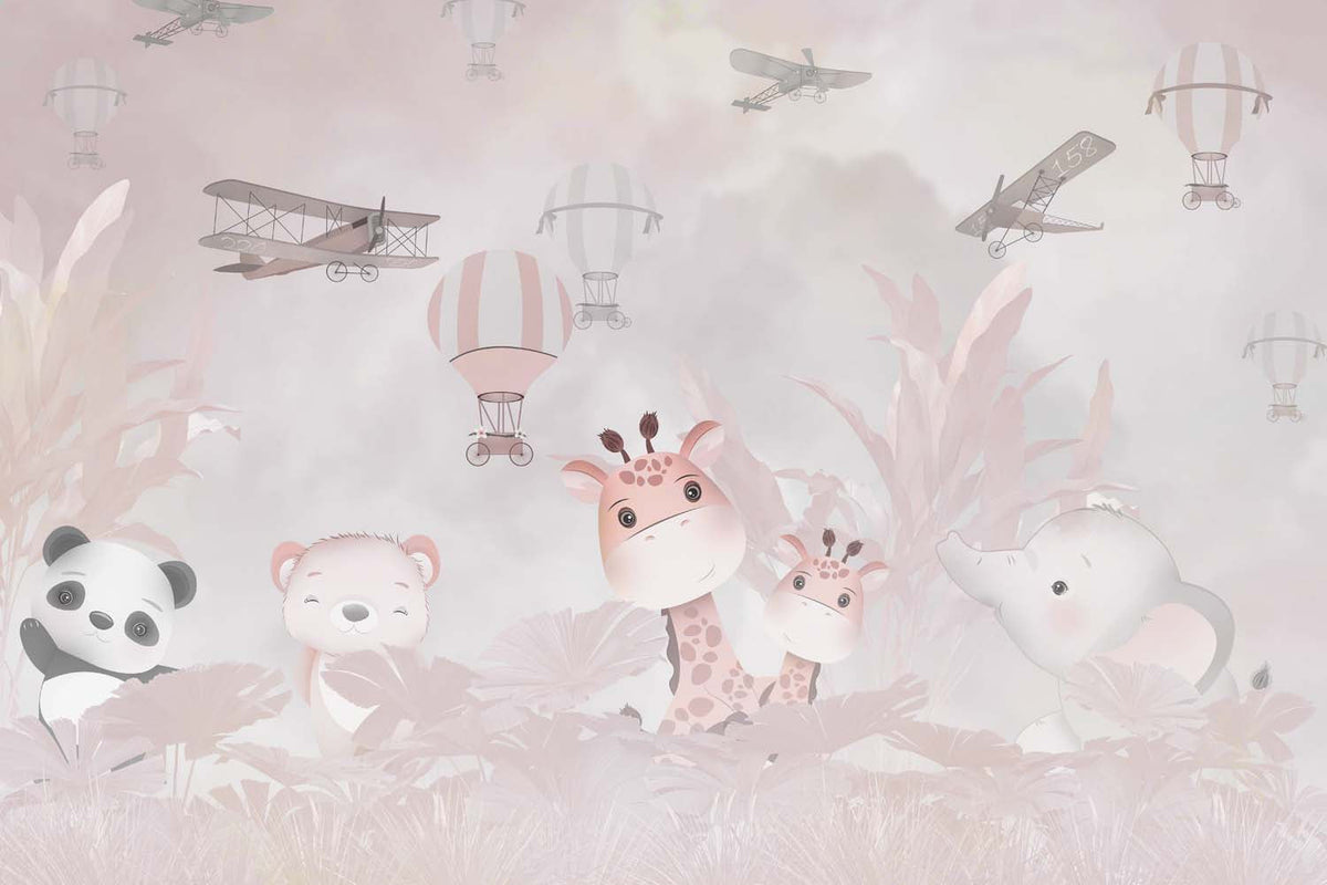 Tapet Personalizat Micii Exploratori cu animale, baloane cu aer cald si avioane prin vegetatia in nuante de roz - INTO THE PINK WILD