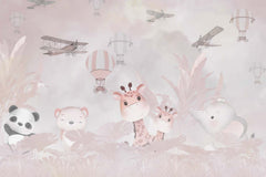 Tapet Personalizat Micii Exploratori cu animale, baloane cu aer cald si avioane prin vegetatia in nuante de roz - INTO THE PINK WILD