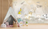 Tapet Personalizat Micii Exploratori cu animalute in vegetatie amazoniana, avioane si baloane cu aer cald in nuante de bej - SAFARI HOT AIR BALLOON