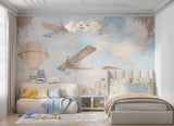 Tapet Personalizat Micii Exploratori cu avioane si baloane cu aer cald pe fundal texturat - DUSTY SUNSET FLIGHT