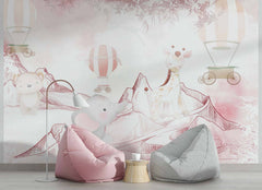 Tapet Personalizat Micii Exploratori cu animale in drumetie pe muntii roz - PINK MOUNTAIN HIKE