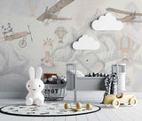 Tapet Personalizat Micii Exploratori cu elefanti in drumetie de munte si avioane gri - THE ELEPHANT HIKE GREY