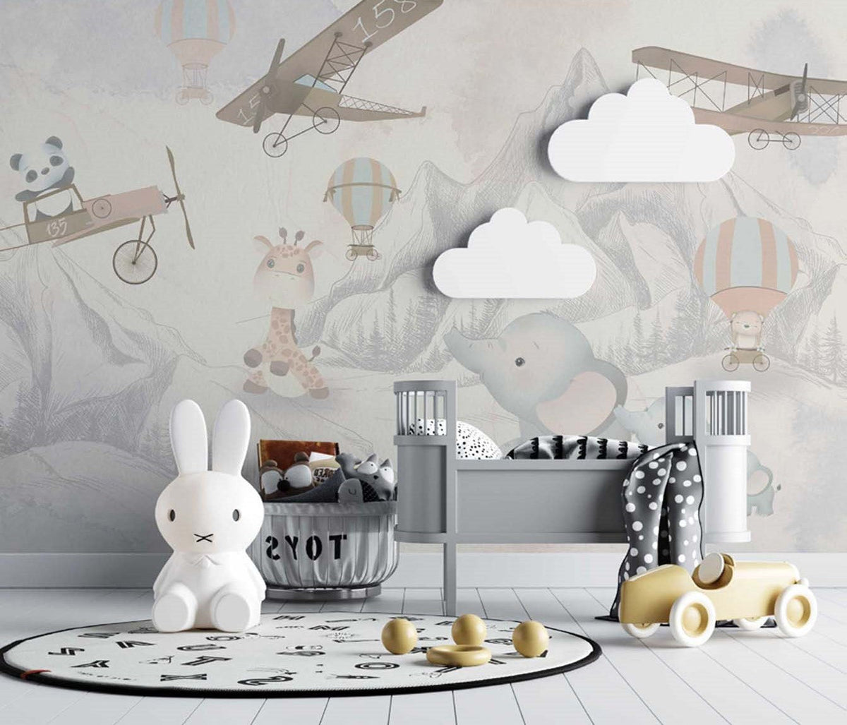 Tapet Personalizat Micii Exploratori cu elefanti in drumetie de munte si avioane gri - THE ELEPHANT HIKE GREY
