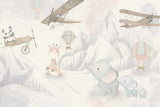 Tapet Personalizat Micii Exploratori cu elefanti in drumetie de munte si avioane gri - THE ELEPHANT HIKE GREY