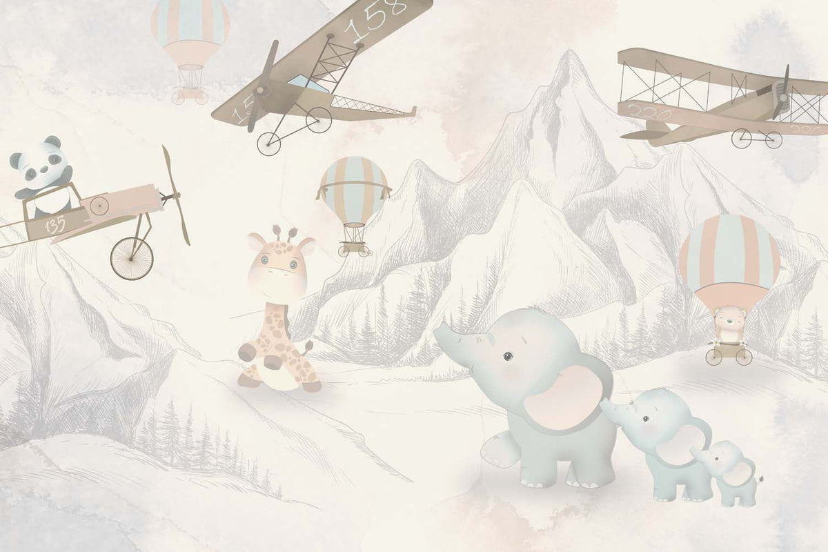 Tapet Personalizat Micii Exploratori cu elefanti in drumetie de munte si avioane gri - THE ELEPHANT HIKE GREY