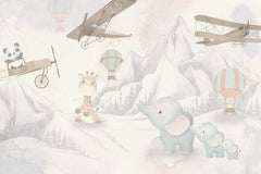 Tapet Personalizat Micii Exploratori cu elefanti in drumetie de munte si avioane gri - THE ELEPHANT HIKE GREY
