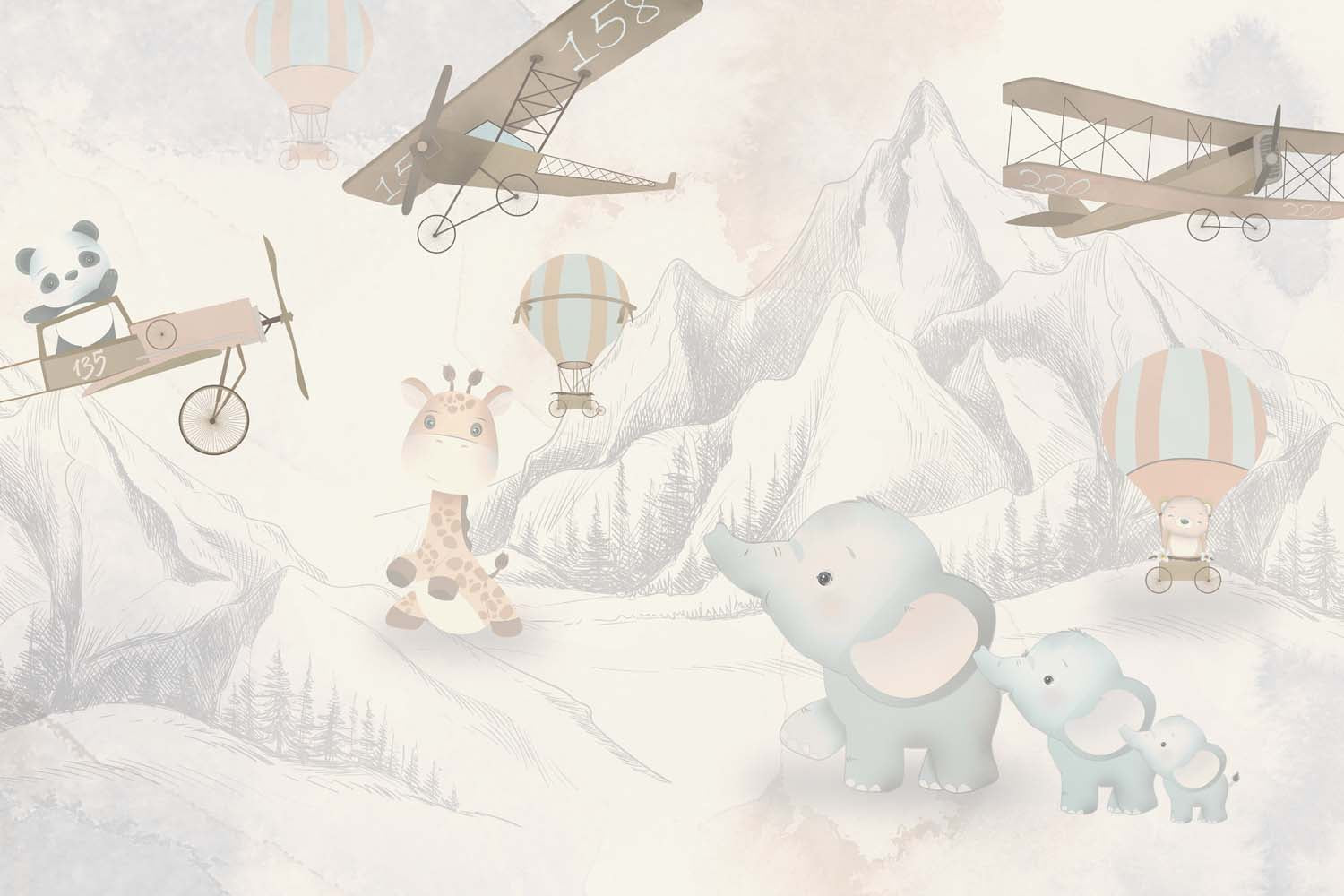 Tapet Personalizat Micii Exploratori cu elefanti in drumetie de munte si avioane gri - THE ELEPHANT HIKE GREY