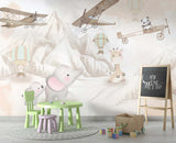 Tapet Personalizat Micii Exploratori cu elefanti in drumetie de munte si avioane bej - THE ELEPHANT HIKE BEIGE