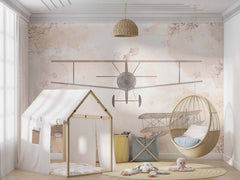 Tapet Personalizat Micii Exploratori cu avion in prim plan in nuante de bej cu fundal stil watercolor - DUSTY FLIGHT