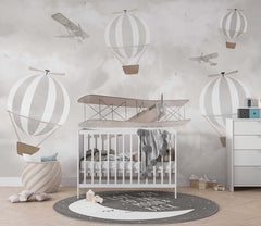 Tapet Personalizat Micii Exploratori cu baloane de aer cald in nuante de gri - GREY HOT AIR BALLOONS