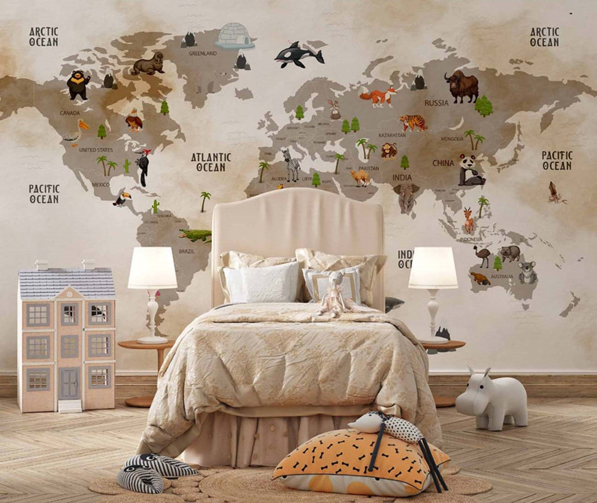 Tapet Personalizat Micii Exploratori cu harta lumii cu animale si fundal bej watercolor - GLOBAL WILDLIFE