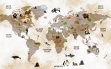 Tapet Personalizat Micii Exploratori cu harta lumii cu animale si fundal bej watercolor - GLOBAL WILDLIFE