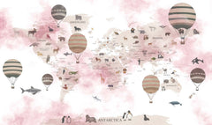 Tapet Personalizat Micii Exploratori cu harta lumii cu animale si baloane si fundal roz - PINK BALLOON MAP
