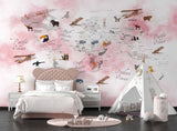 Tapet Personalizat Micii Exploratori cu harta lumii a animalelor in nuante de roz - PINK ANIMAL'S MAP