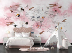 Tapet Personalizat Micii Exploratori cu harta lumii a animalelor in nuante de roz - PINK ANIMAL'S MAP