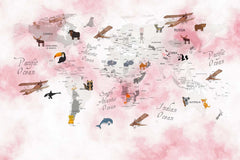 Tapet Personalizat Micii Exploratori cu harta lumii a animalelor in nuante de roz - PINK ANIMAL'S MAP