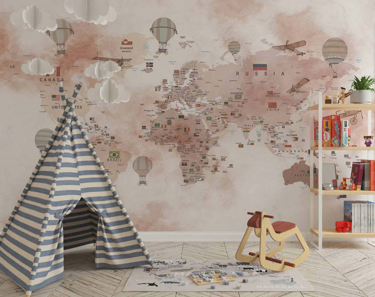 Tapet Personalizat Micii Exploratori cu harta lumii cu steaguri in fundal texturat maro - FLAGS MAP