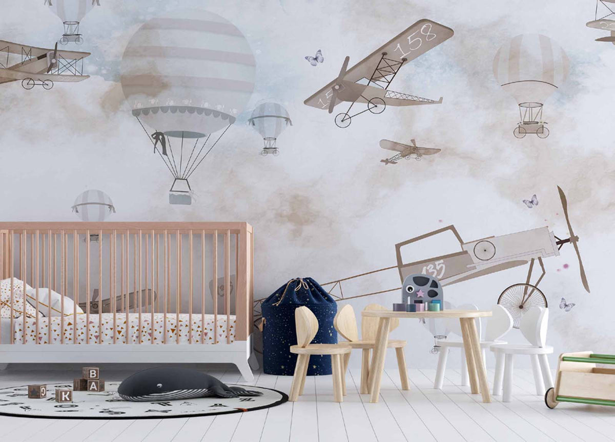 Tapet Personalizat Micii Exploratori cu avioane, baloane cu aer cald si fluturi - BUTTERFLY AEROPLANE