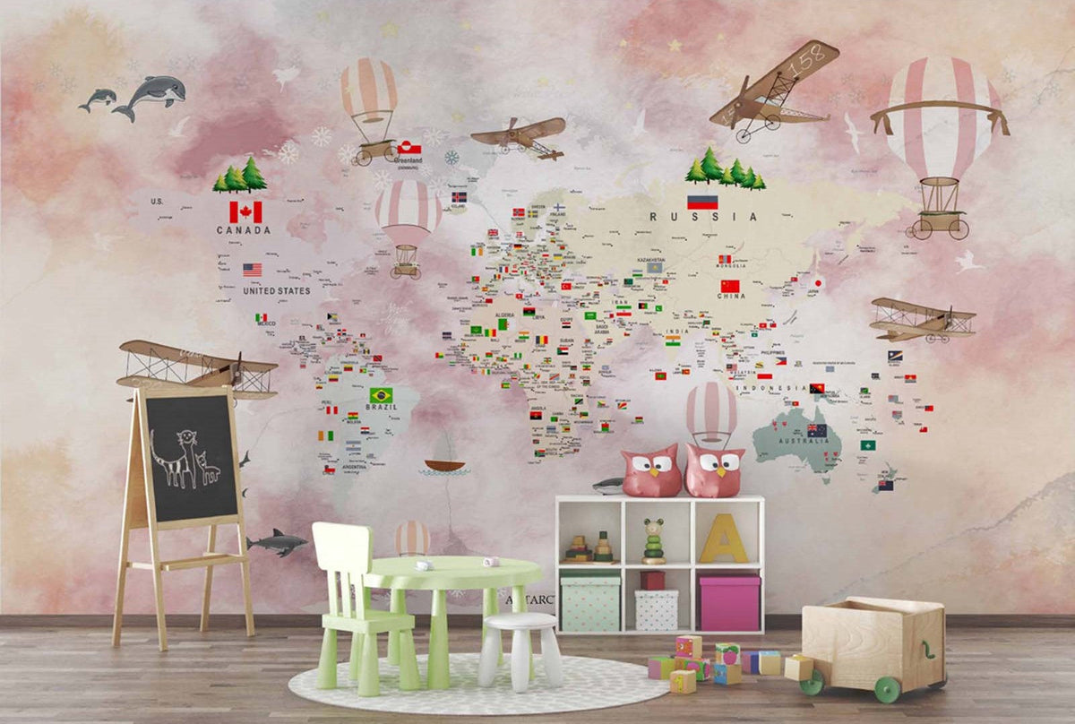 Tapet Personalizat Micii Exploratori cu harta lumii cu steaguri si animale in fundal multicolor - GLOBAL JOURNEY