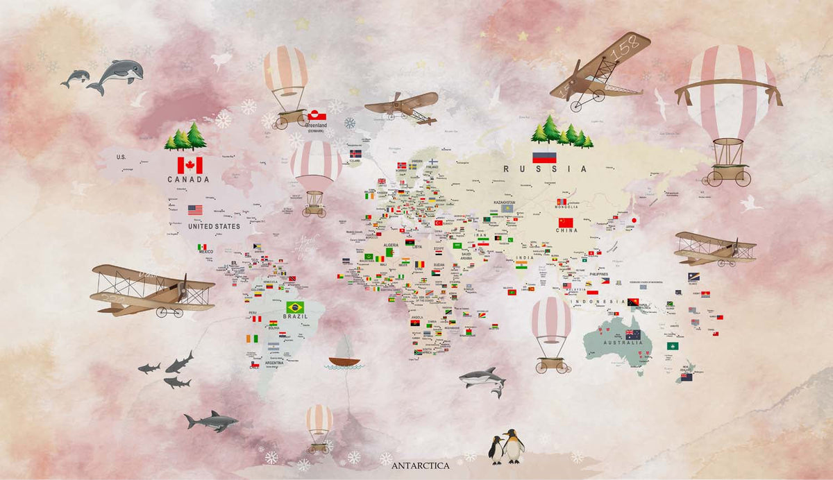 Tapet Personalizat Micii Exploratori cu harta lumii cu steaguri si animale in fundal multicolor - GLOBAL JOURNEY