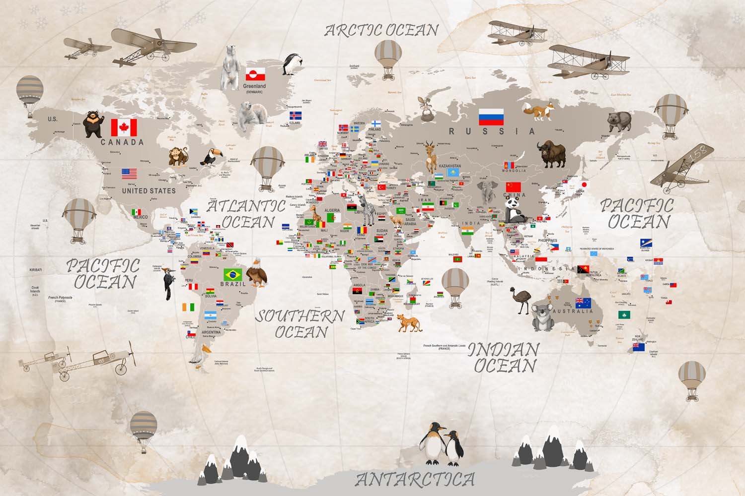 Tapet Personalizat Micii Exploratori cu harta globala a lumii cu animale polare - POLAR MAP