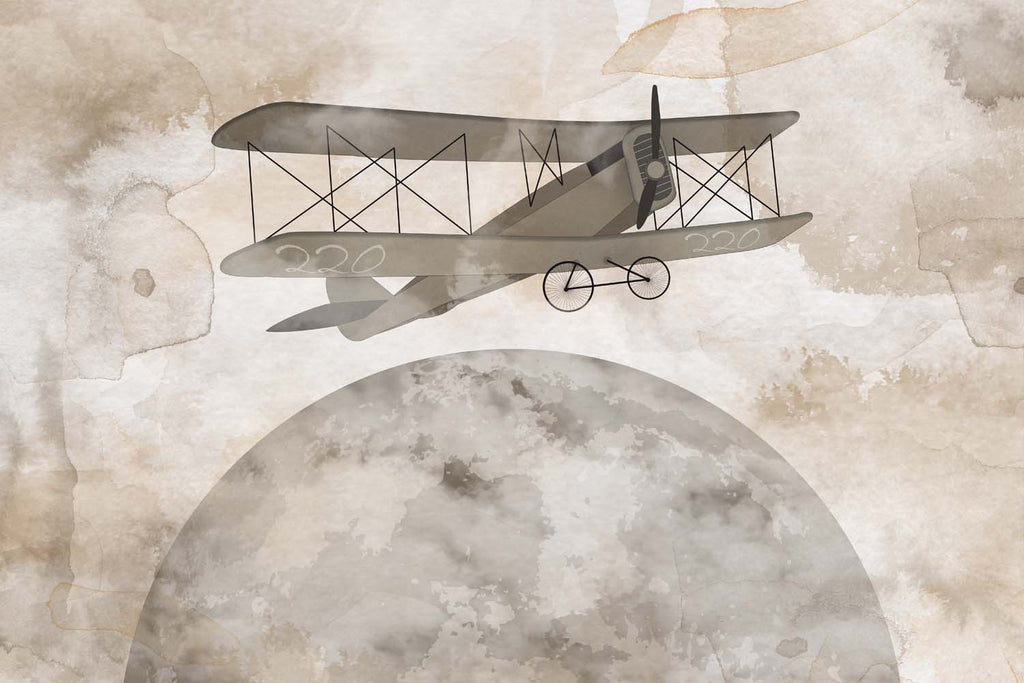Tapet Personalizat Micii Exploratori cu avion pe luna in nuante de bej si maro in stil watercolor - WATERCOLOR MOON PLANE