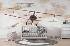Tapet Personalizat Micii Exploratori cu avion biplan in prim plan pe un fundal cafeniu - FOREGROUND PLANE