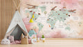 Tapet Personalizat Micii Exploratori cu harta lumii cu animalute in nuante de roz - MAP OF THE WORLD